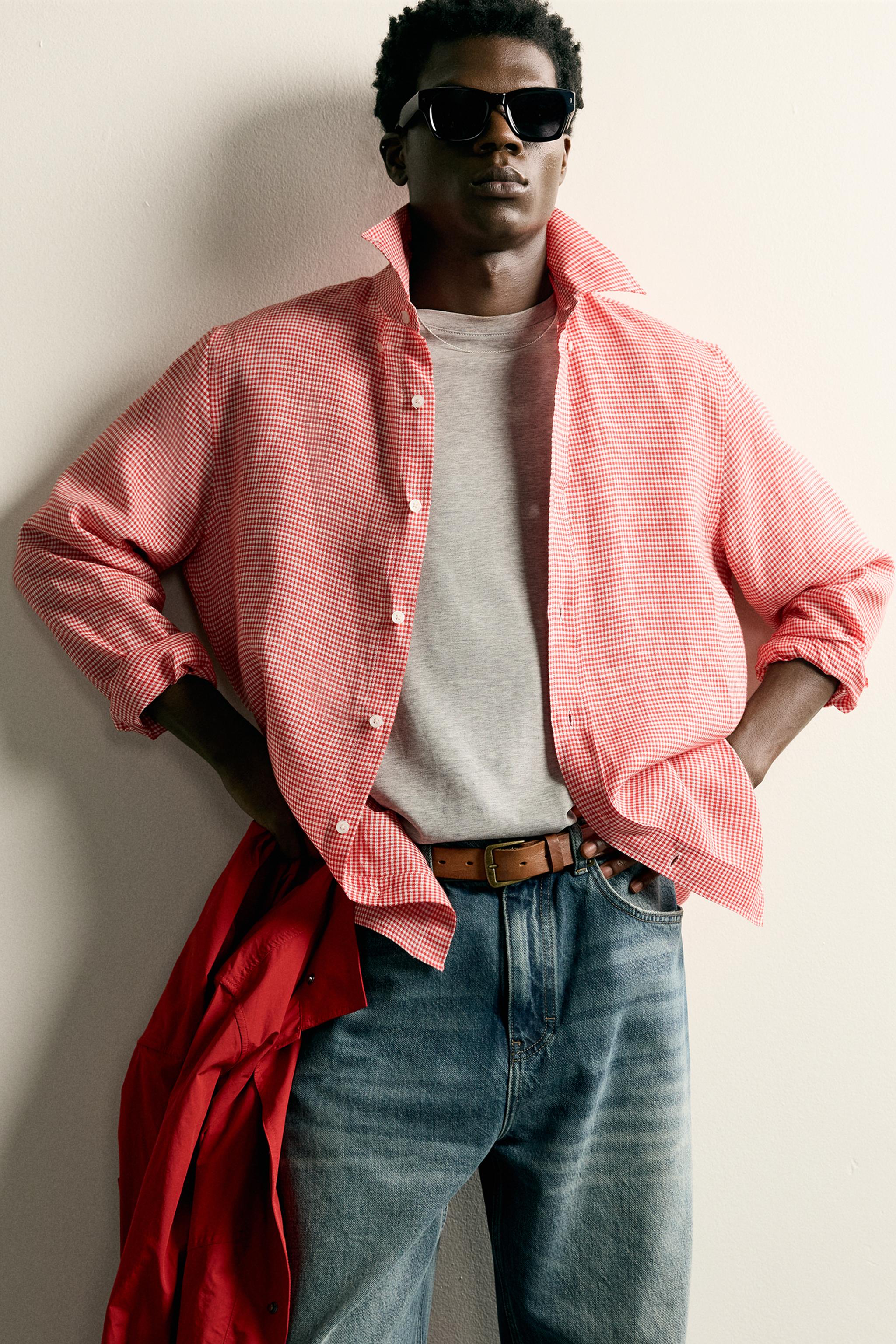100% LINEN REGULAR FIT PLAID SHIRT